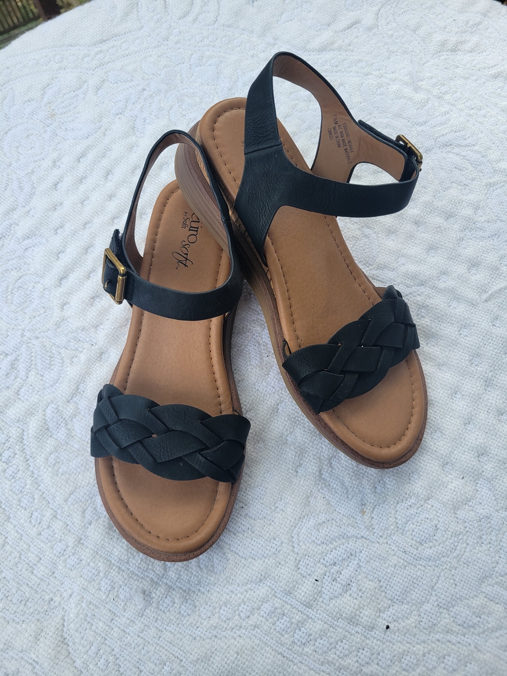 EUROSOFT black cork wedge Sandals with buckle and braided strap 7.5